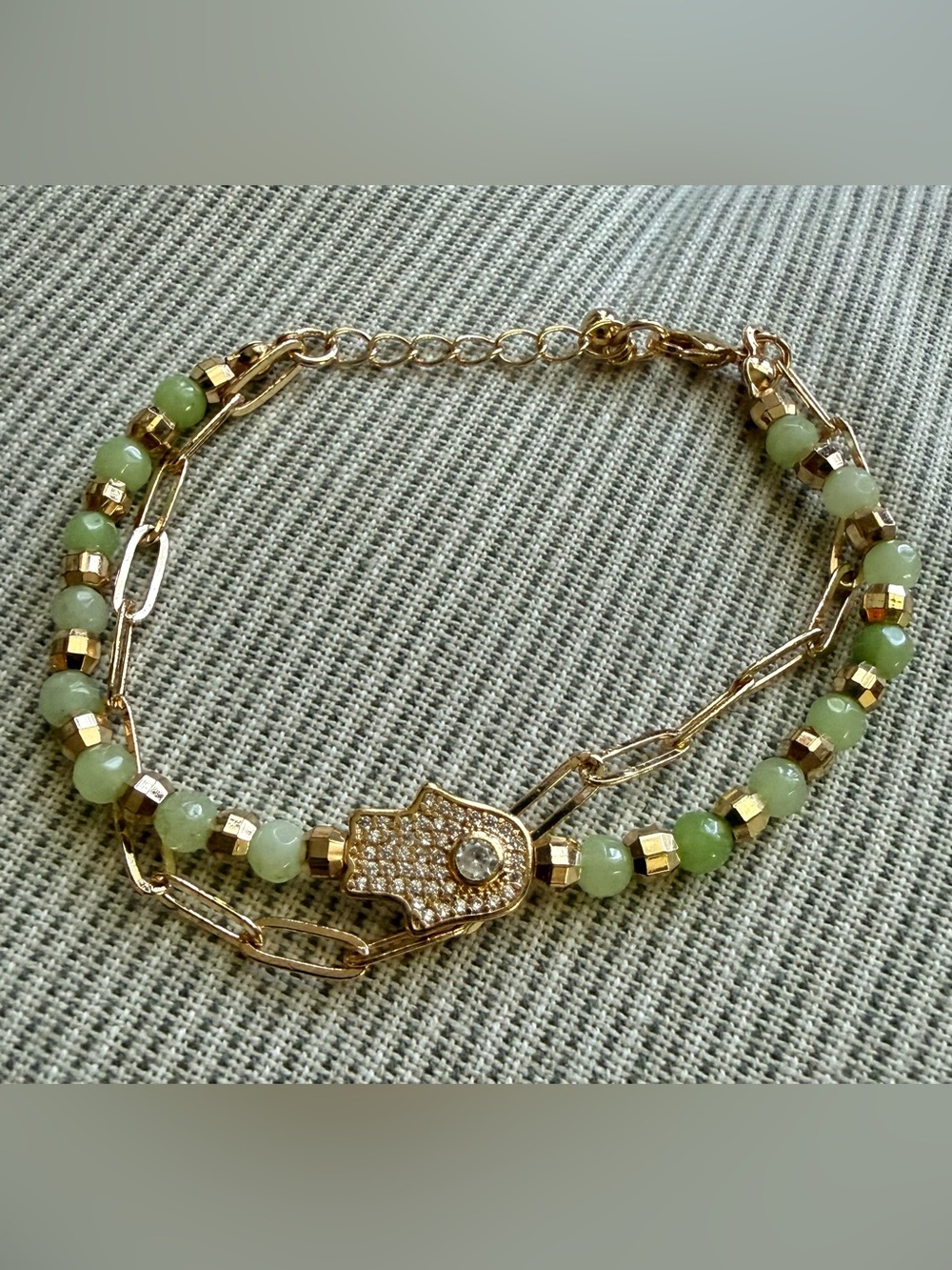 Gold Tone Light Green Hamsa Beaded Bracelet w/rhinestone accents Paper clip link